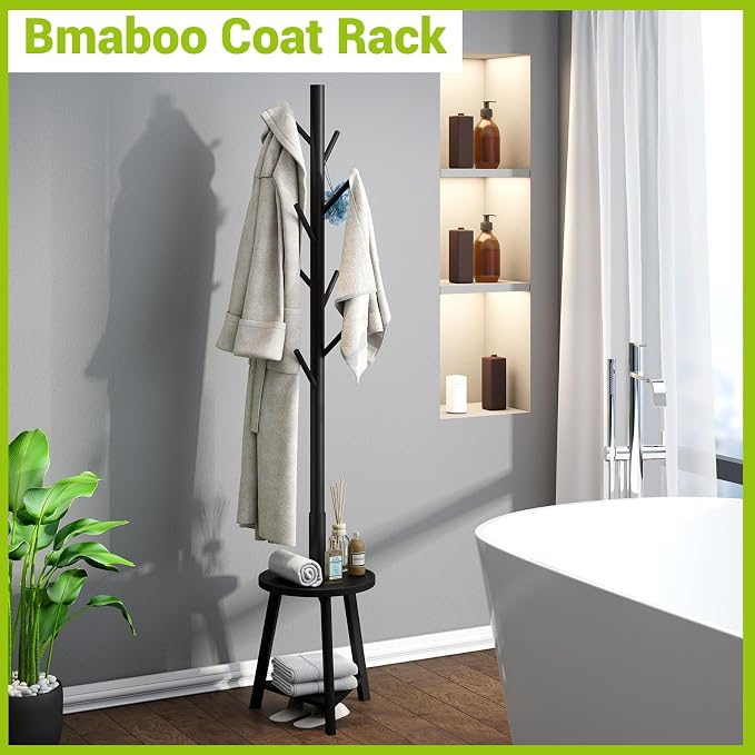 BMOSU Coat Rack freestanding Stand with Shelf Bamboo Wooden Coat Tree Easy Assembly 8 Hooks Standing Jackets Hanger Hallway Office Floor Coat Stand Black