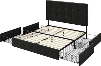 Allewie Upholstered Queen Size Platform Bed Frame with 4 Storage Drawers and Adjustable Headboard, Square Button Tufted, Wooden Slats Support, Noise-Free, No Box Spring Needed, Easy Assembly, Black
