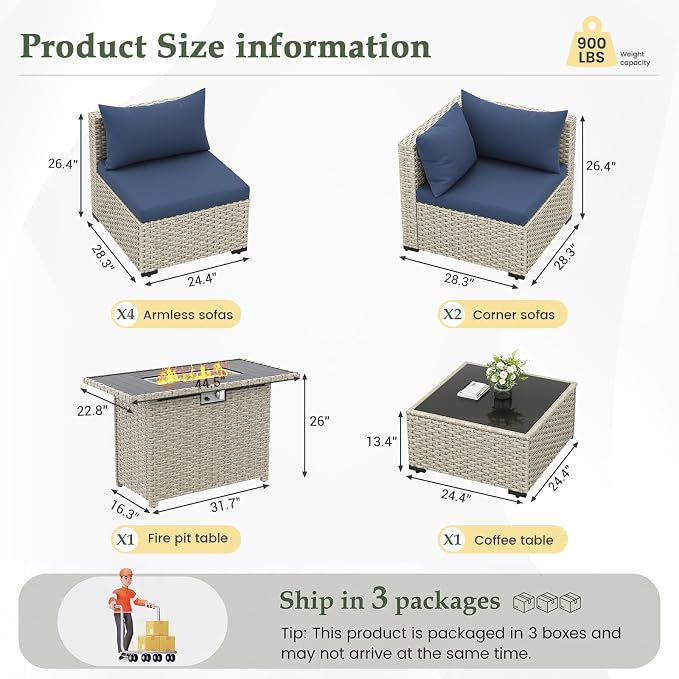UDPATIO Patio Furniture Set with Fire Pit Table, 8 Pcs Outdoor Sectional Sofa, PE Wicker Patio Conversation Set for Garden, Backyard (Blue Cushions with Light Grey Rattan)