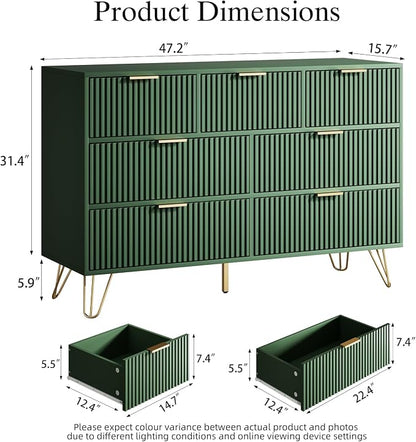 Furniway Dresser for Bedroom, Fluted Modern Dresser with Gold Pulls and 7 Drawers, 15.7" D x 47.2" W x 31.4" H, Green