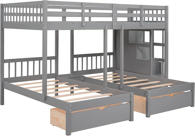 VilroCaz Upgraded Version Full Over Twin & Twin Bunk Bed, Solid Wood Triple Bunk Bed with Storage Drawers and Staircase, Strong Sturdy Bunk Bed Frame with Guardrails for Kids Teens Aldults (Gray-U)