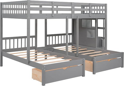 VilroCaz Upgraded Version Full Over Twin & Twin Bunk Bed, Solid Wood Triple Bunk Bed with Storage Drawers and Staircase, Strong Sturdy Bunk Bed Frame with Guardrails for Kids Teens Aldults (Gray-U)