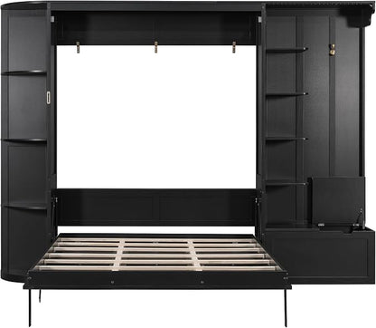 Murphy Bed Queen Size,Murphy Bed with Storage & Lights,Wall Bedframe w/Hidden Fold-Out Legs & Built-in Shelves & Cabinets，Hook,Space-Saving,Black