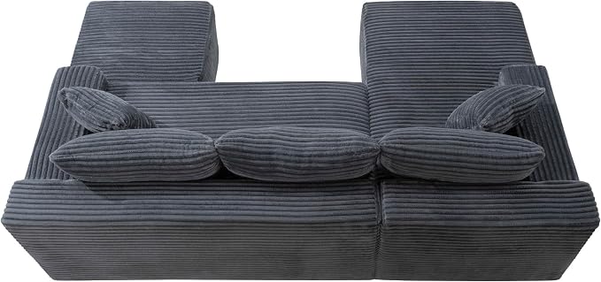 95-Inch U-Shaped Left Facing Corner Compressed Sofa Modular Sectional Boneless Cloud Sofa Floor Foam Couch W/Chaise Lounge & Ottoman, Corduroy Corner Boneless Cloud Couch