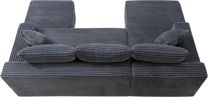 95-Inch U-Shaped Left Facing Corner Compressed Sofa Modular Sectional Boneless Cloud Sofa Floor Foam Couch W/Chaise Lounge & Ottoman, Corduroy Corner Boneless Cloud Couch