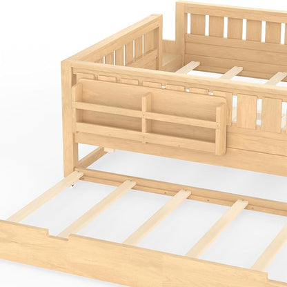 Bellemave Queen Size Kids Bed with high Rails and with Built-in Bookshelf and Trundle for Kids, Girls, Boys, Wood Montessori Bed Without Door, Light Natural