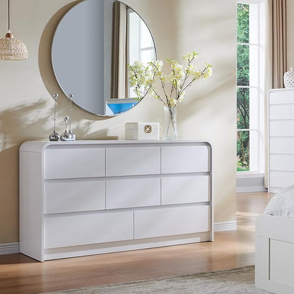 Aitjunz Modern 8 Drawers Dresser for Bedroom, 55" Wide Dressers & Chest of Drawers w/Curved Profile Design, Wood Mid Century Storage Dressers Organizer for Bedroom, Living Room, White