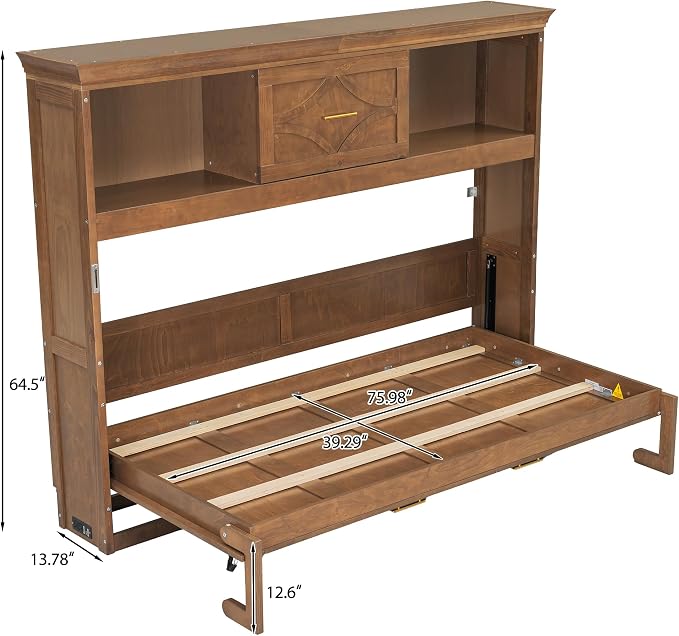 MERITLINE Twin Horizontal Murphy Bed with Storage Bookcase Shelves & Drawer and Charging Station,Solid Wood Farmhouse Murphy Wall Bed with Storage, Slat Support (Natural Wood)