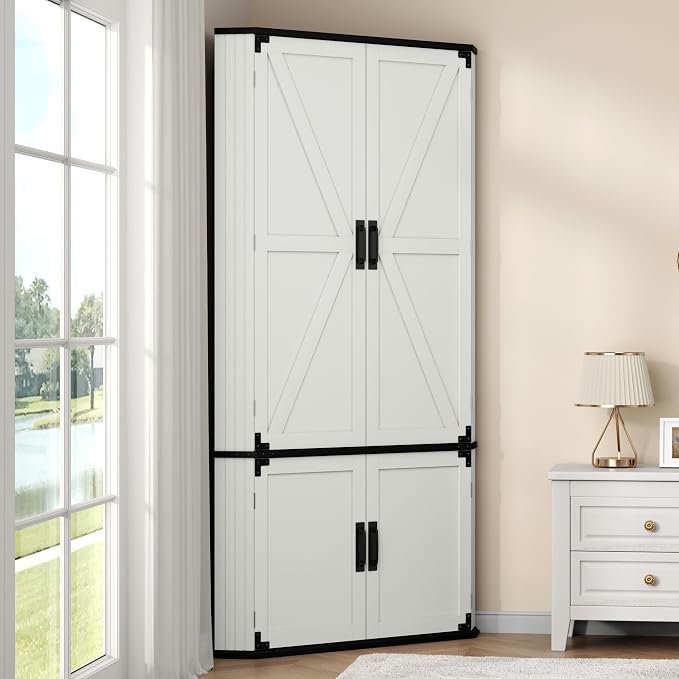 Gyfimoie Corner Wardrobe Closet with Doors, 71" Tall Freestanding Armoire Cabinet with Hanging Rod, Farmhouse Corner Storage Cabinet for Bedroom, White Wooden Corner Closet Organizer for Small Space