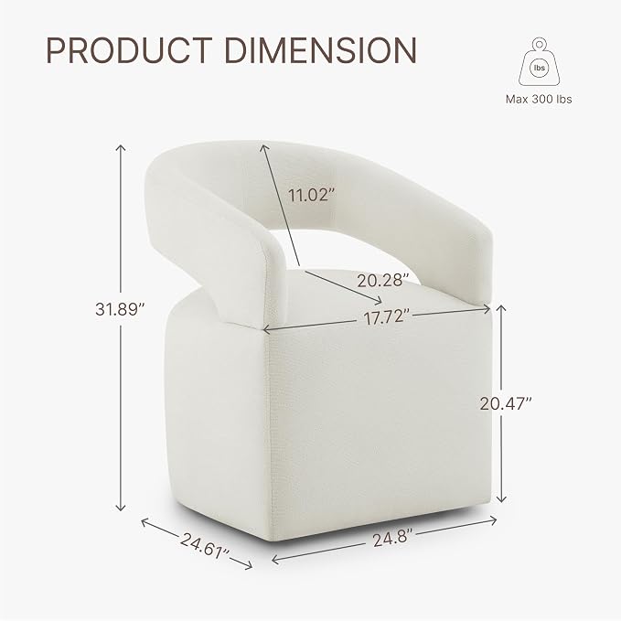 KISLOT Upholstered Dining Chairs Set of 1, Modern Arm Kitchen & Dining Room Chairs with Hidden Casters, Linen Fabric Padded Rolling Chairs, Sturdy Wood Frame, 300 lbs Capacity, Ivory White
