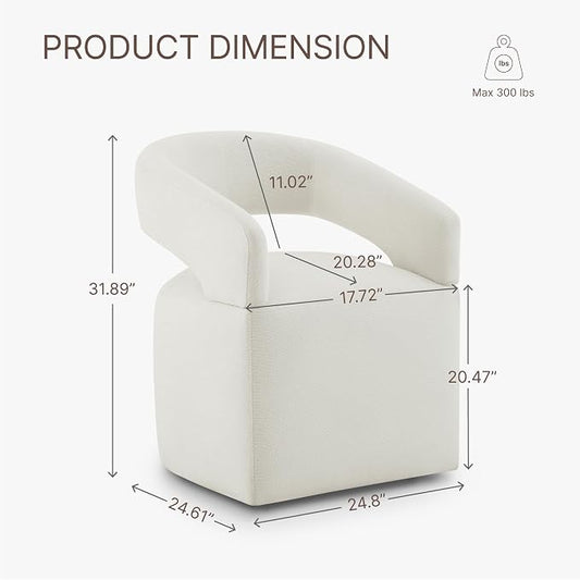 KISLOT Upholstered Dining Chairs Set of 1, Modern Arm Kitchen & Dining Room Chairs with Hidden Casters, Linen Fabric Padded Rolling Chairs, Sturdy Wood Frame, 300 lbs Capacity, Ivory White