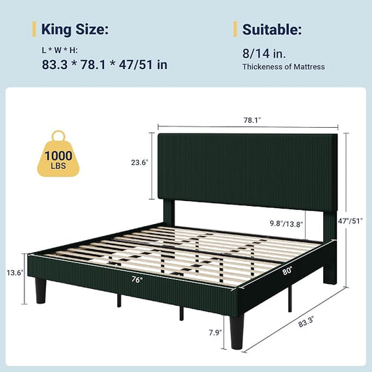 Allewie King Size Upholstered Bed Frame with Vertical Channel Tufted Headboard, Soft Corduroy Fabric Platform Bed, Strong Wooden Slats Support, Easy Assembly, No Box Spring Needed, Dark Green