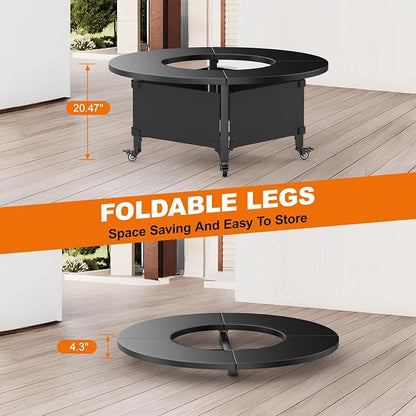 Fire Pit Surround Tabletop for Solo Stove Bonfire,Foldable Surround Table with Wheels for Safety & Easy Clean,42" Powder-Coated Steel Wood Burning Stove Surround Table Top,Accessories for Solo Stove