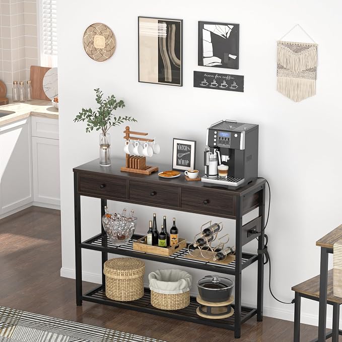 Ecoprsio 47'' Entryway Table with Outlets and USB Ports, Console Table with 3 Drawers, Sofa Table Narrow Long with Storage Shelves for Living Room, Couch, Hallway, Foyer, Black Walnut Finish