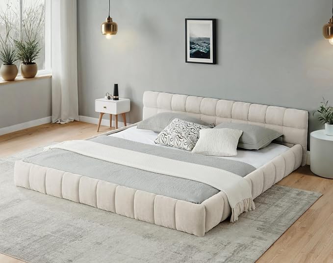 KEIKI California King Thick Chenille Platform Bed Frame with Upholstered Tufted Headboard, Modern Solid Wood Floor Platform for Bedroom, No Box Spring Needed