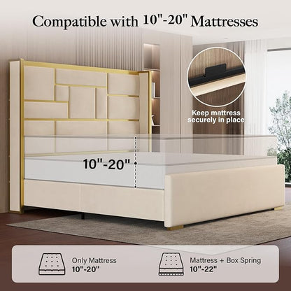 King Size Bed Frame with 55.12" Tall Headboard, Modern Luxury Velvet Upholstered Platform Bed with Gold Trim, Wide Wingback Design, Noise-Free, Easy Assembly, No Box Spring Needed, Beige