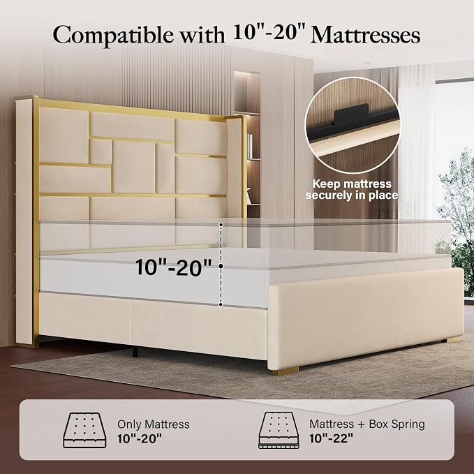 Queen Bed Frame with 55.12" Tall Headboard, Modern Luxury Velvet Upholstered Platform Bed with Gold Trim, Wide Wingback Design, Noise-Free, Easy Assembly, No Box Spring Needed, Beige