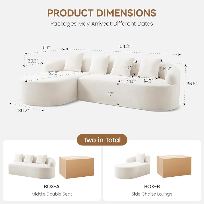 105" Boneless L Shaped Sectional Couch, Curved Cloud Deep Seat Sofa with Chaise Lounge, Oversized 4 Seater Couches for Living Room, No Assembly, Chenille Beige