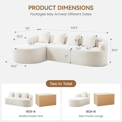 105" Boneless L Shaped Sectional Couch, Curved Cloud Deep Seat Sofa with Chaise Lounge, Oversized 4 Seater Couches for Living Room, No Assembly, Chenille Beige