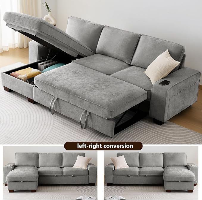 99" Convertible Sleeper Sofa Bed,L Shaped with Storage Chaise Pull Out Couch for Living Room,USB and Type-C,Removable Washable Chenille Covers (Gray)