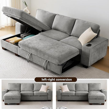 99" Convertible Sleeper Sofa Bed,L Shaped with Storage Chaise Pull Out Couch for Living Room,USB and Type-C,Removable Washable Chenille Covers (Gray)