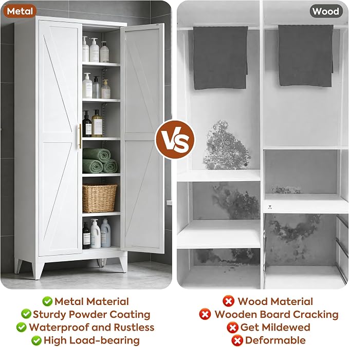 75.3" Tall Kitchen Pantry Storage Cabinet with 5 Adjustable Shelves, Metal Panty Cabinet with Doors, X-Shaped Embossed Panels, Heavy Duty Steel Storage Organizer for Home, Required Assembly