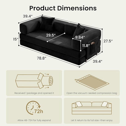78.8" Convertible Sofa Bed,Corduroy Futon Couch with Storage Pocket,Folding Pull Out Futon Sofa, No Assembly Boneless Couch for Living Room,Black