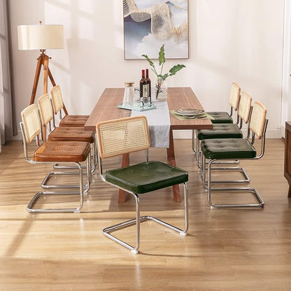 Zesthouse Natural Rattan Dining Chairs Set of 6, Mid Century Modern Dining Room Chairs with Chrome Leg, Faux Leather Kitchen Chair with Solid Wood Back & Cane Mesh, Breuer Cesca Design Inspired, Green