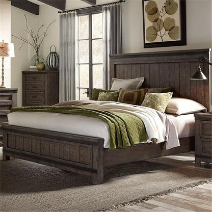 Pemberly Row 4-Piece King Bedroom Set, Rubberwood and Mango Veneers, Rock Beaten Grey Finish with Saw Cuts, Includes Panel Bed, 8-Drawer Dresser with Mirror, 2-Drawer Nightstand, Industrial Style