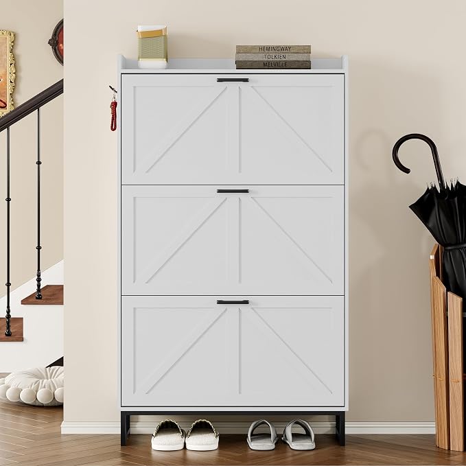 BORNOON Shoe Cabinet with 3 Flip Drawers Narrow Shoe Storage Cabinet Organizer Wooden Freestanding Shoe Rack Hidden Slim Shoes Storage Cabinet for Entryway, Hallway, Living Room, Bedroom