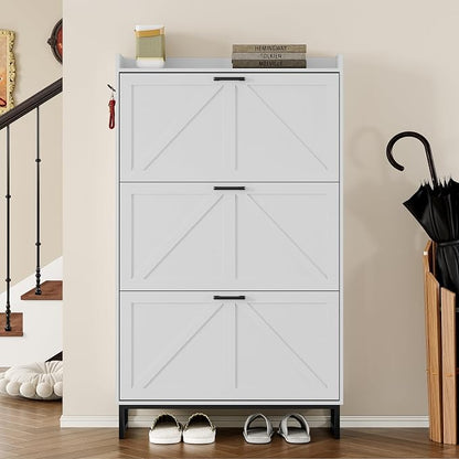 BORNOON Shoe Cabinet with 3 Flip Drawers Narrow Shoe Storage Cabinet Organizer Wooden Freestanding Shoe Rack Hidden Slim Shoes Storage Cabinet for Entryway, Hallway, Living Room, Bedroom