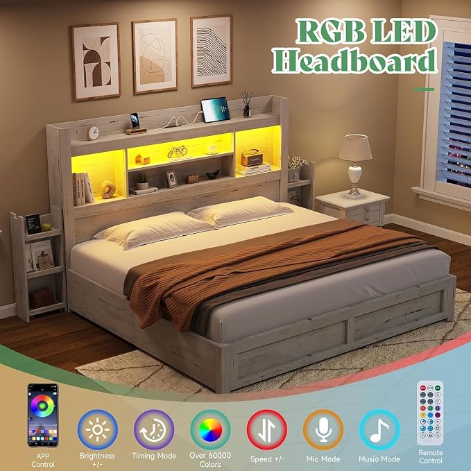 AMERLIFE California King Size Bed Frame with 4 Storage Drawers, LED Bed Frame with 49.6" Tall Bookcase Headboard, Wood Platform Bed with Charging Station & 2 Slide Bedside Shelf, Distressed White