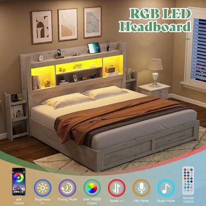 AMERLIFE California King Size Bed Frame with 4 Storage Drawers, LED Bed Frame with 49.6" Tall Bookcase Headboard, Wood Platform Bed with Charging Station & 2 Slide Bedside Shelf, Distressed White