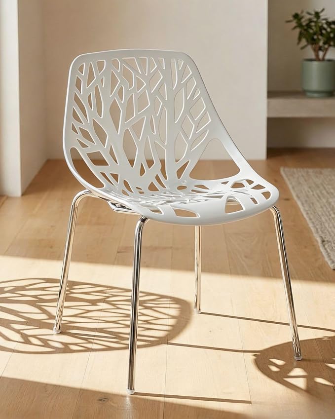 Karl home Stackable Dining Chairs Set of 4, 3-Step Assembly, 350LBS, White | Bird's nest trunk pattern, robust metal frame, 350lbs capacity, plastic construction, for kitchen/dining/bedroom/living room
