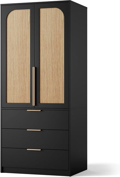 Garvee 70" Wardrobe Armoire Wooden Closet with 2 Doors and 3 Drawers, Bedroom Armoire with Hanging Rod Shelf, Large Capacity Storage Wardrobe Armoire, Freestanding Wooden Closet Storage Cabinet