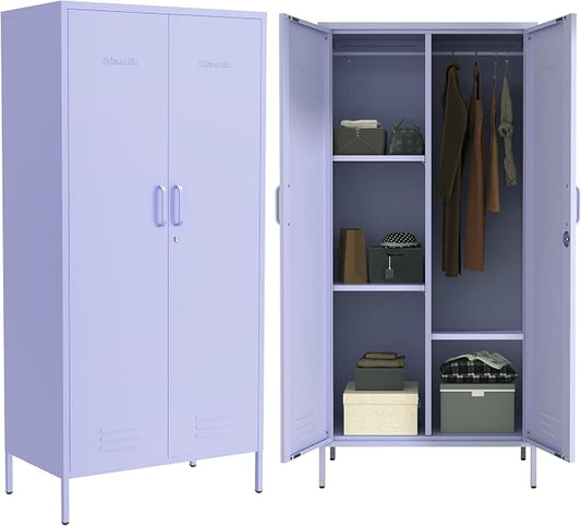 Industrial 67" Purple Lockable Metal 2-Door Storage Cabinet, Multi-Purpose Wardrobe with Hanging Rod & Adjustable Shelves, Heavy Duty for Bedroom, Garage, Home Office 67"H X 31.5"W X 18.1"D