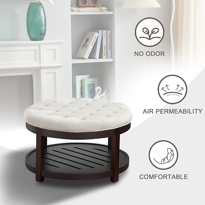 adochr Round Coffee Tables for Living Room,33’’ Storage Ottoman with Wooden Tray, Upholstered Ottoman Footrest, Beige