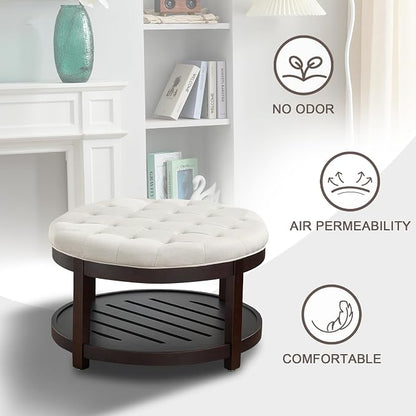 adochr Round Coffee Tables for Living Room,33’’ Storage Ottoman with Wooden Tray, Upholstered Ottoman Footrest, Beige
