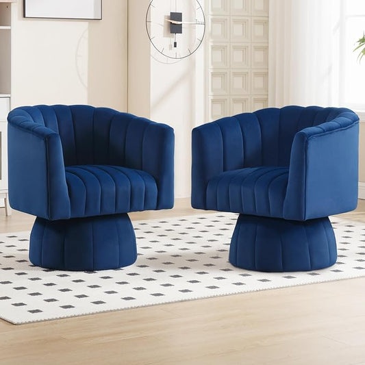 Swivel Accent Barrel Chair Set of 2- Cute Comfy Small Round Arm Chair Velvet Sofa Club Reading Chair for Living Room Bedroom Dark Blue