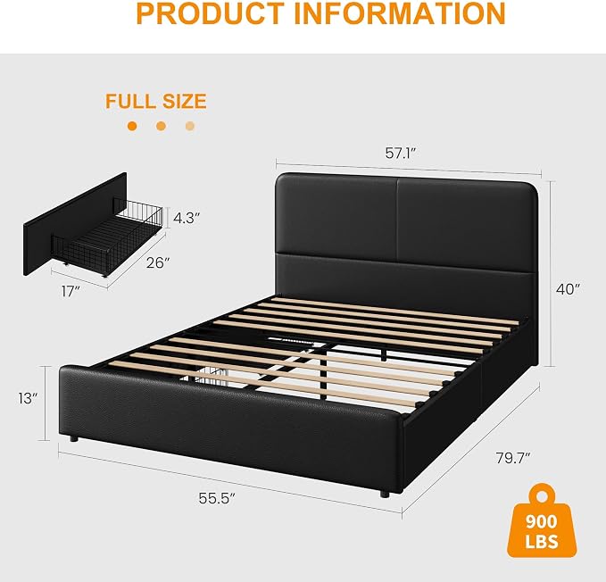 GarveeHome Modern Upholstered Platform Bed Frame with Headboard and Storage Drawers – PU Black Leather, Strong Wood Slat Support, No Box Spring Needed, Easy Assembly, Noise-Free – Full Size, PU Black