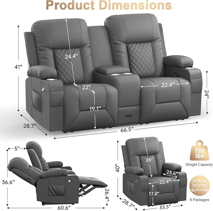Recliner Sofa Set, Loveseat Recliner Couch and 2 PCS Recliner Chair with Heat & Massage, Home Theater Seating with Console, Drawer, USB Ports & Phone Holders, Reclining Loveseat for Theater