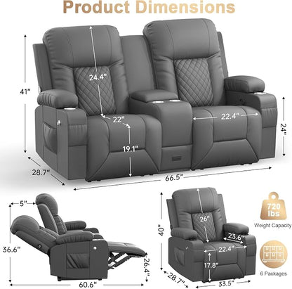 Recliner Sofa Set, Loveseat Recliner Couch and Recliner Chair with Heat & Massage, Home Theater Seating with Console, Drawer, USB Ports & Phone Holders, Reclining Loveseat for Movie Theater