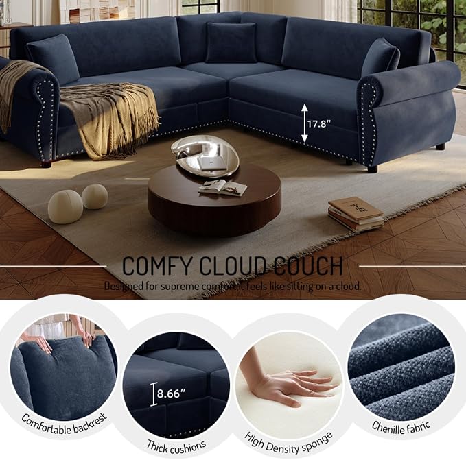 88.2" Sectional Sleeper Sofa with Pull Out Bed - Oversize L-Shaped Convertible Sleeper Couch Bed, Button Tufted Chesterfield Sofa, Chenille Vintage Couches for Living Room/Apartment(4-Seater, Blue)
