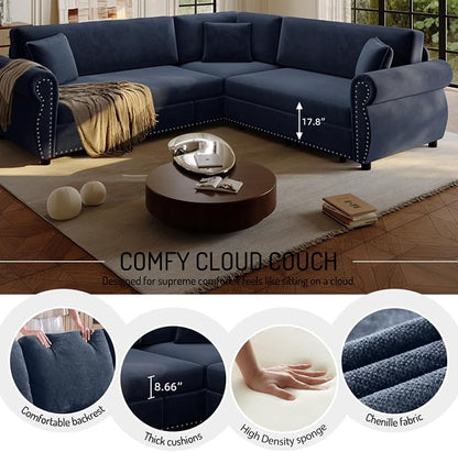 88.2" Sectional Sleeper Sofa with Pull Out Bed - Oversize L-Shaped Convertible Sleeper Couch Bed, Button Tufted Chesterfield Sofa, Chenille Vintage Couches for Living Room/Apartment(4-Seater, Blue)