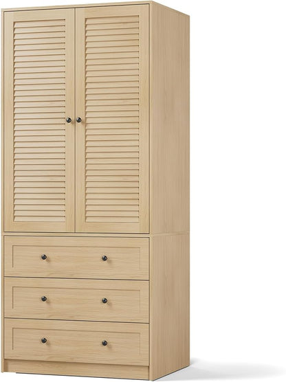 GarveeHome Armoire Wardrobe Closet with Drawers, 69.5 in Wooden Wardrobe Cabinet with Hanging Rod, 2 Doors Clothing Storage Cabinet for Bedroom, Large Capacity Storage, Louvered Door, Natural