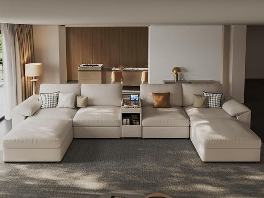 EASE MOOSE Leather Sectional Couch with Console, Oversized Modular Sectional Sofas, Wide Deep Seat Modular Couch, Scratch Resistant Faux Leather Material, U Shaped Sofa for Big Spaces,Beige