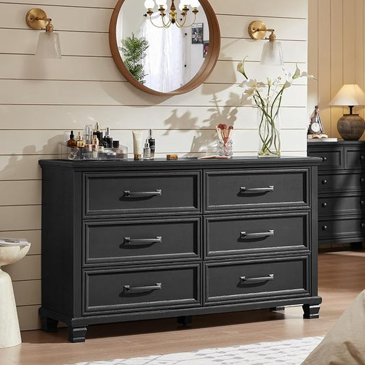 SAVOR LIFE Farmhouse Dresser and Nightstand Sets of 3, 6/5 Drawer Dresser & 2 Drawer Nightstand, Rustic Black Bedroom Furniture Set for Home, Bedroom, Hallway, Black