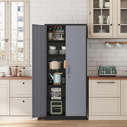 Fesbos Metal Storage Cabinet-72” Tall Steel File Cabinets with Lockable Doors and 5 Adjustable Shelves-Black&Gray Steel Storage Cabinet for Home, School, Office, Garage