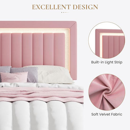 SHA CERLIN Queen Size Velvet Bed Frame with LED Light, Adjustable Vertical Channel Tufted Headboard, Strong Wooden Slats Support, Noise-Free, No Box Spring Needed, Pink
