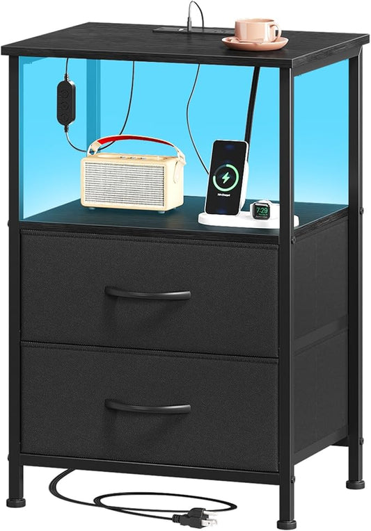 Somdot Black Nightstand with Charging Station and LED Light for Bedroom, 2 Drawers Dresser with Fabric Bins for Bedside Kids Dorm Room Closet Laundry Entryway, Black